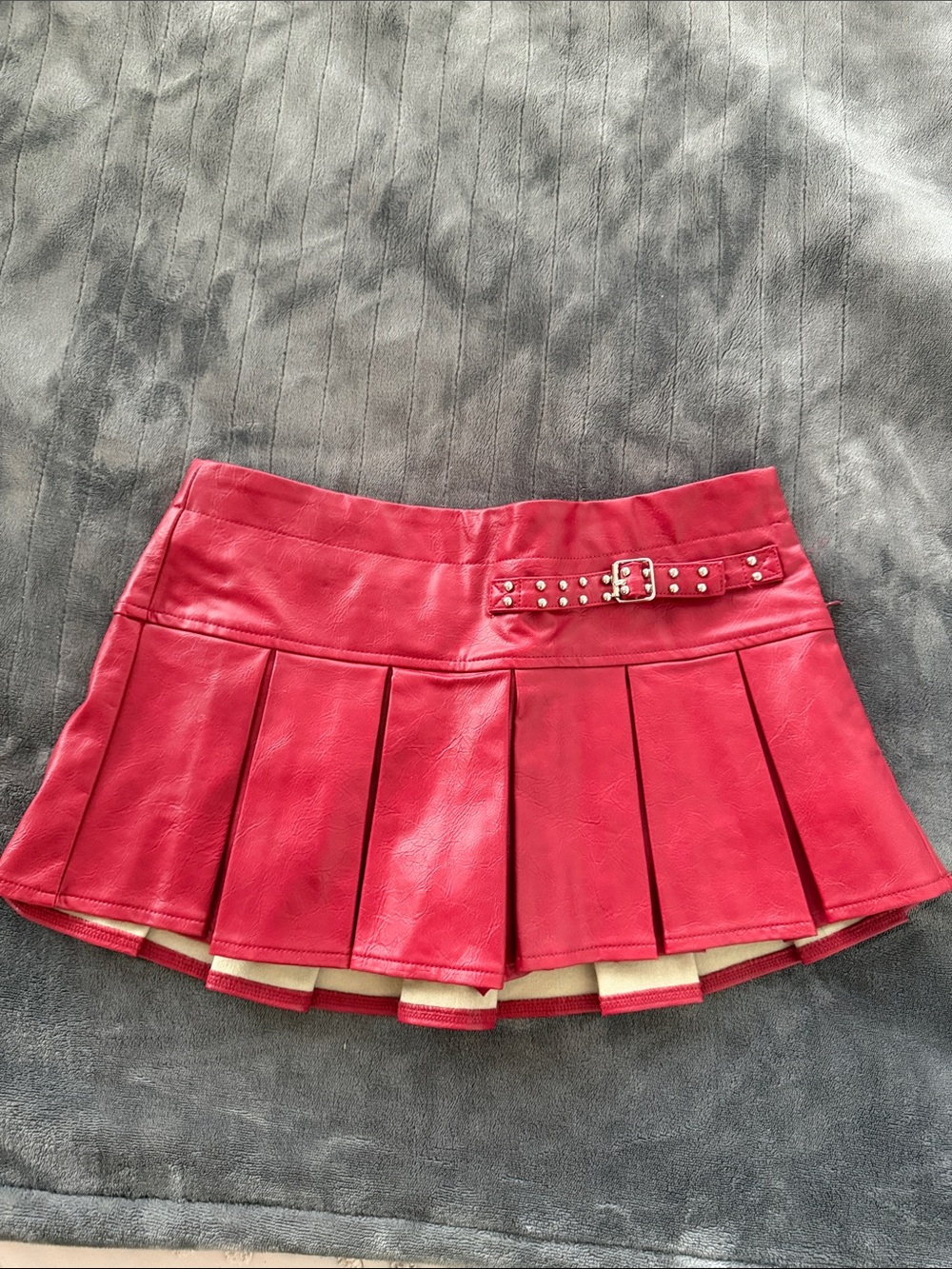 Edikted Red Pleated Faux Leather Mini Skirt with Studded Buckle